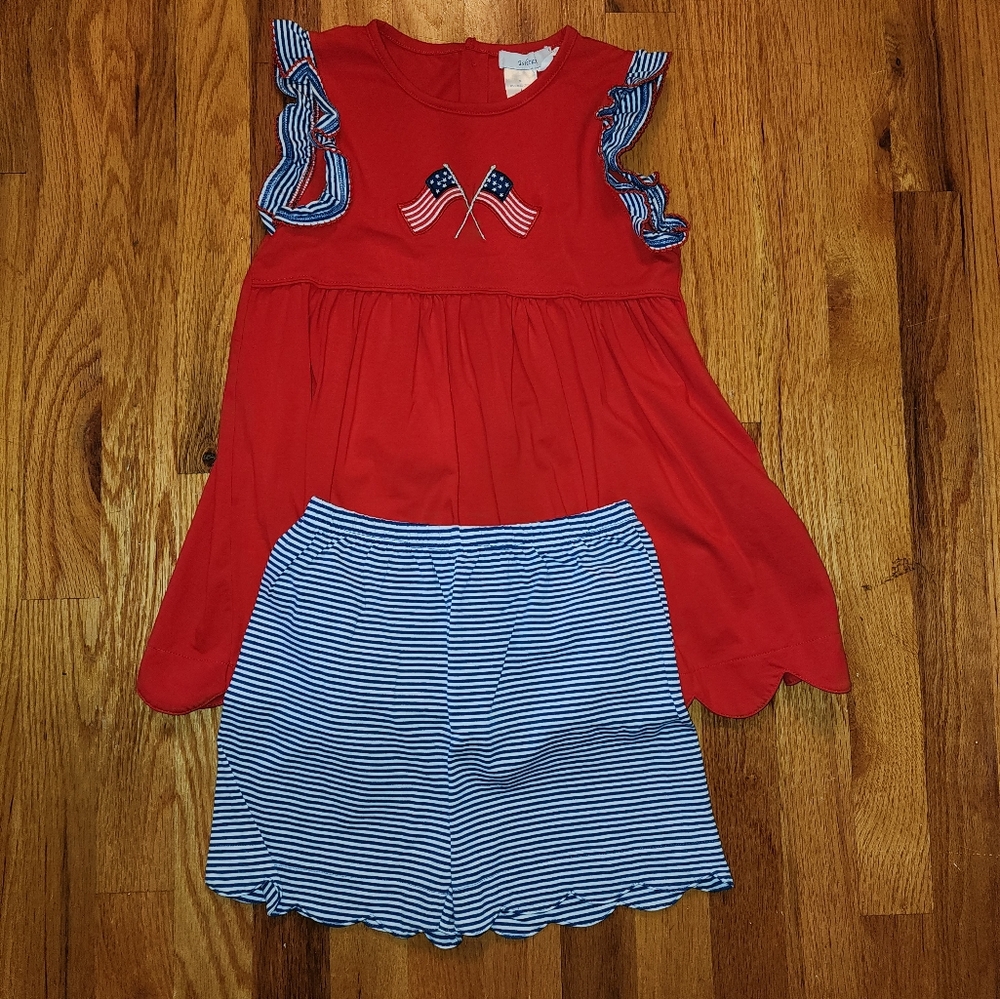 Girl's Red Patriotic Dress with Blue Striped Accents